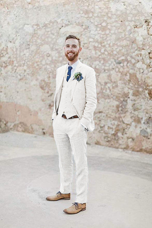 ly1182 Ivory White Retro Linen Beach Wedding Summer 3 Pieces Men Suits