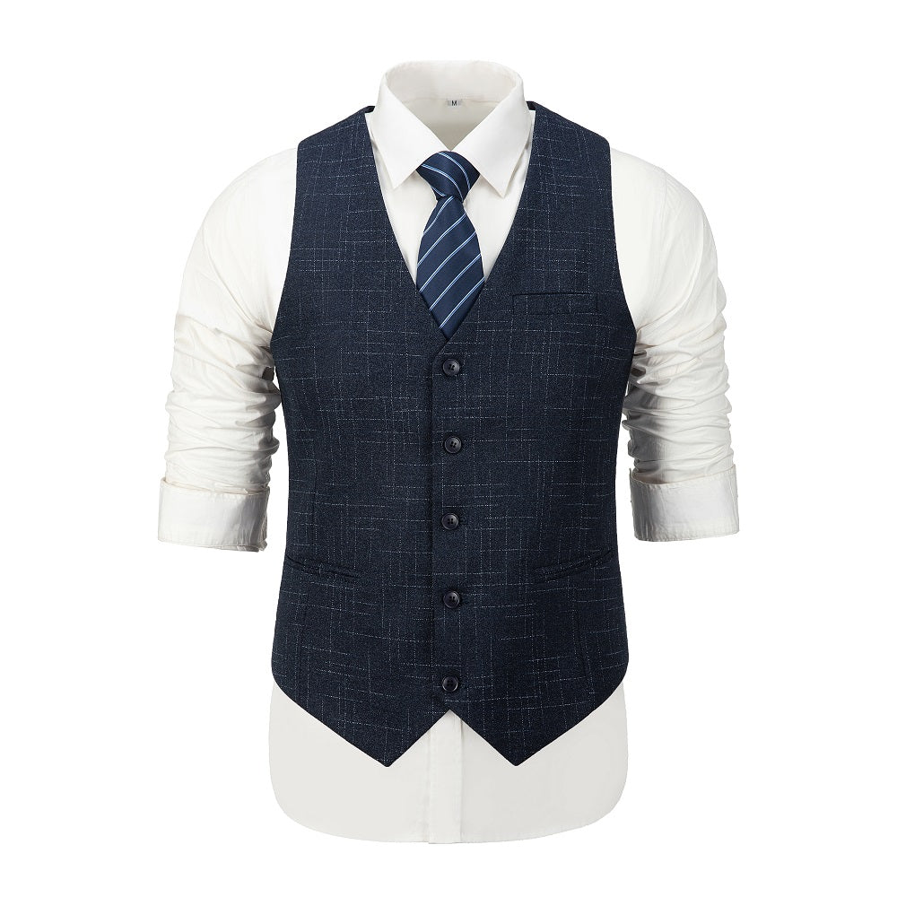 ly1652 Navy Plaid Men's 3 Piece Slim Fit Suit Set Double Breasted Blazer Vest Pants for Party, Wedding and Business