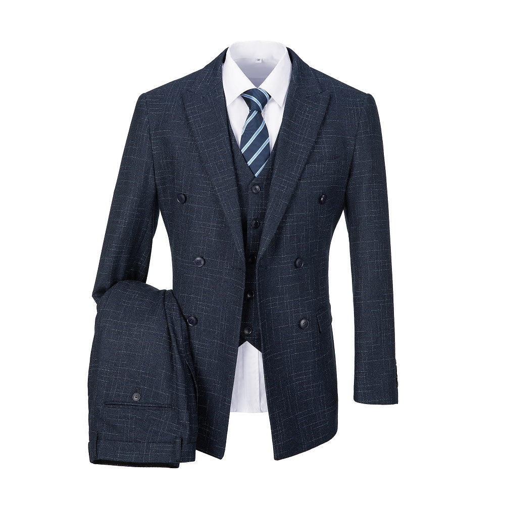 ly1652 Navy Plaid Men's 3 Piece Slim Fit Suit Set Double Breasted Blazer Vest Pants for Party, Wedding and Business