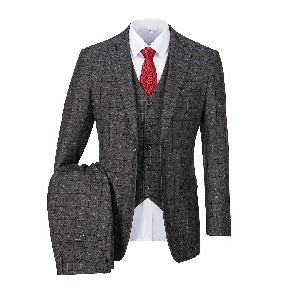 ly1644 Grey Plaid Men's 3 Piece Set for Party, Wedding and Business