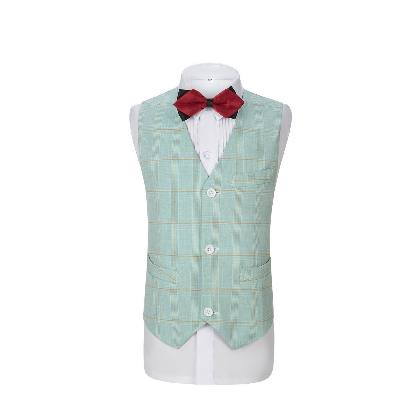 ly1150 Mint Green Plaid 3 Piece Boys Suits Blazer Vest and Pants