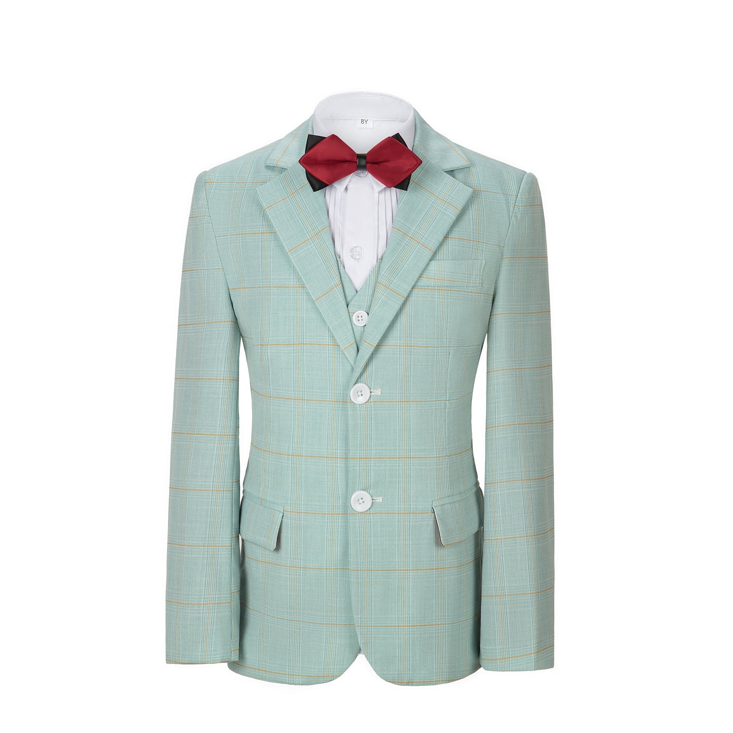 ly1150 Mint Green Plaid 3 Piece Boys Suits Blazer Vest and Pants