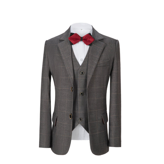 Grey Plaid 3 Piece Boys Suits Blazer Vest and Pants