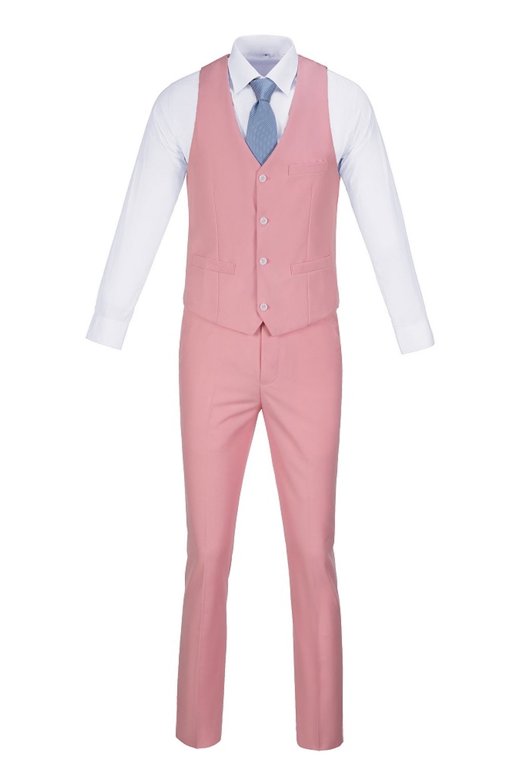 Pink Men's Suits 2 Pieces Vest+Pants Set V-Neck Slim Fit Casual Waistcoat Suit