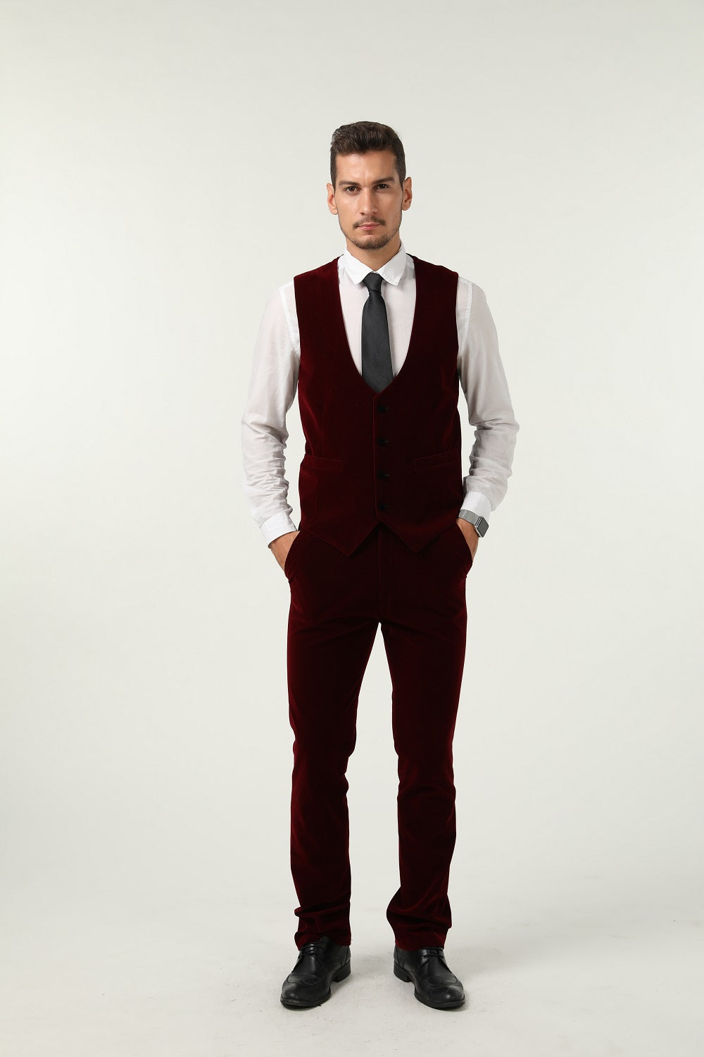 ly1300 Burgundy Velvet 3 Piece Men's Formal Suits