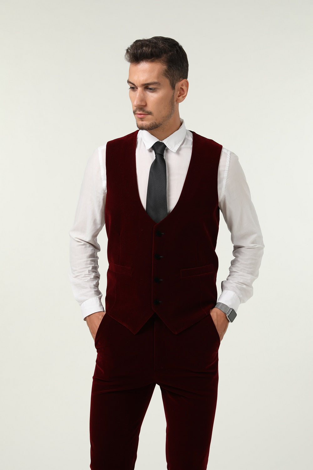 ly1300 Burgundy Velvet 3 Piece Men's Formal Suits