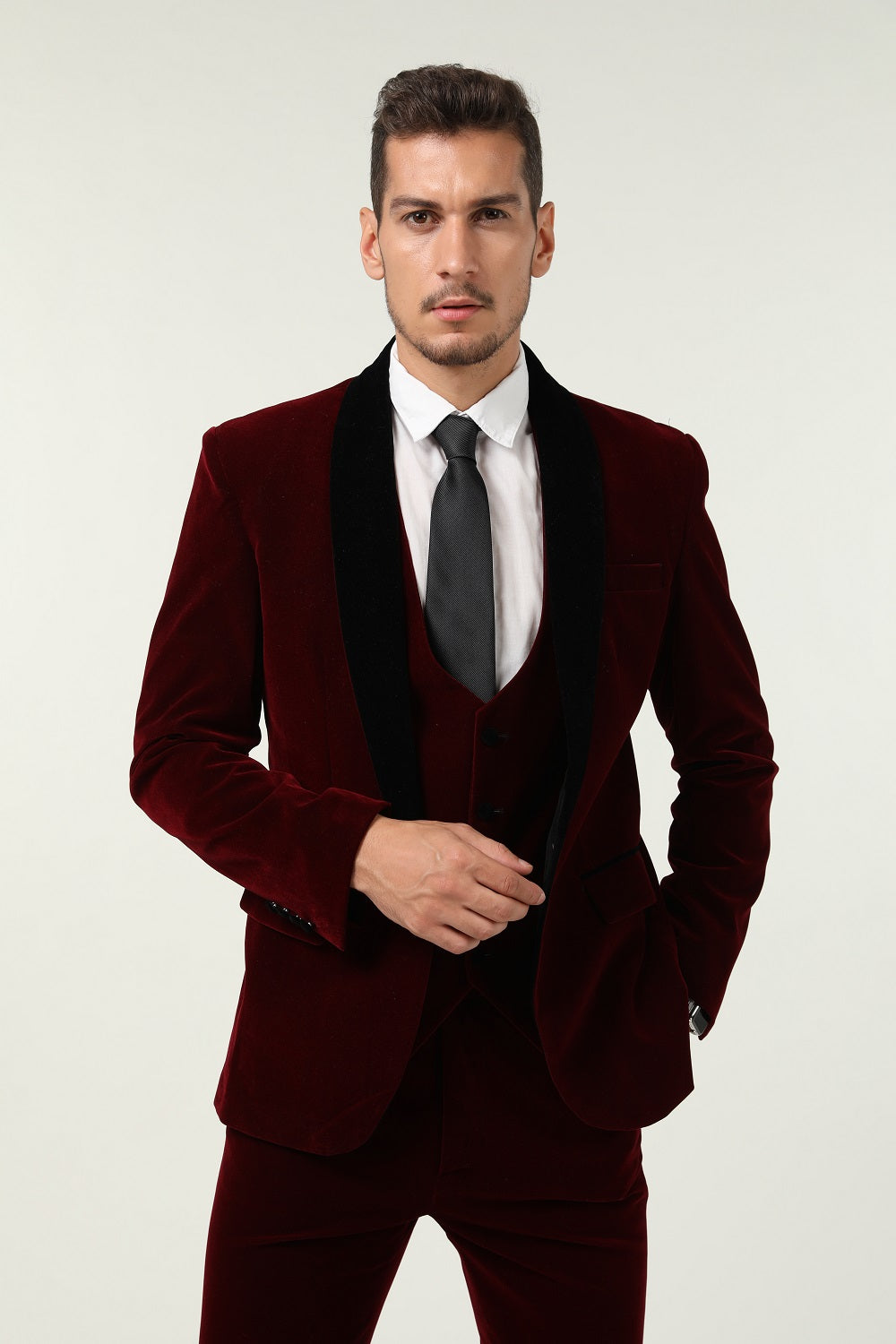 ly1300 Burgundy Velvet 3 Piece Men's Formal Suits