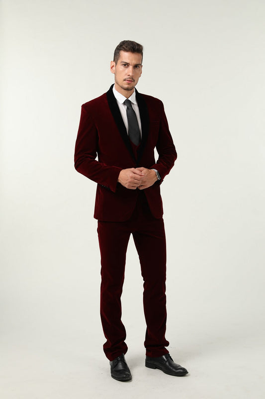 ly1300 Burgundy Velvet 3 Piece Men's Formal Suits