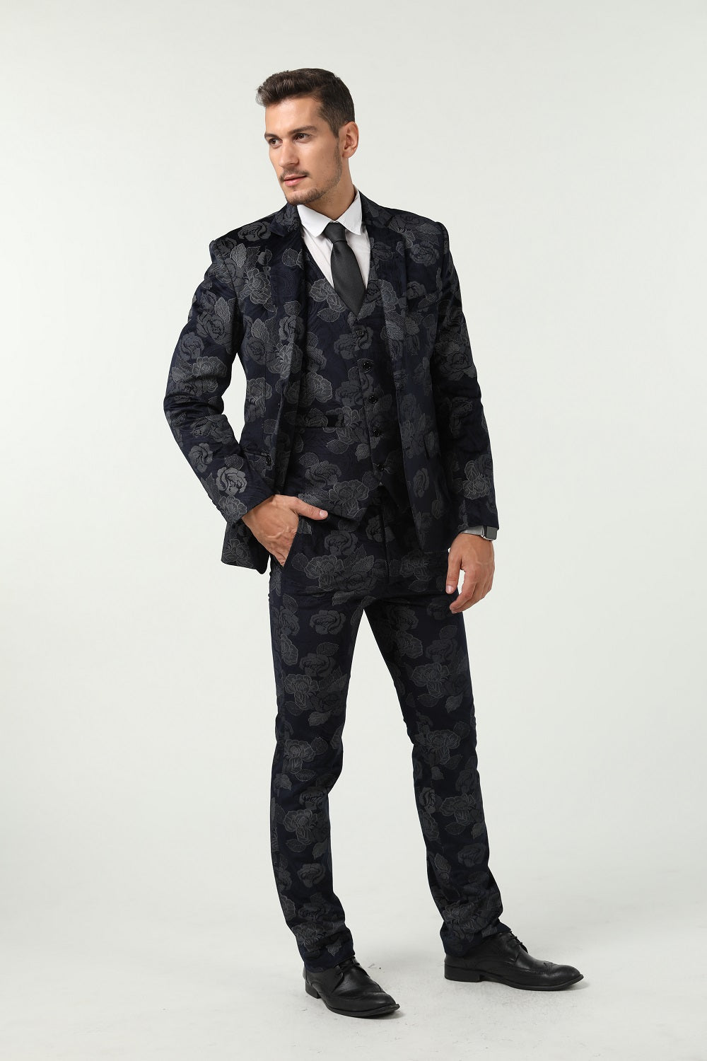 New Arrival Unique Party Banquet 3 Piece Navy Patterned Men Suits