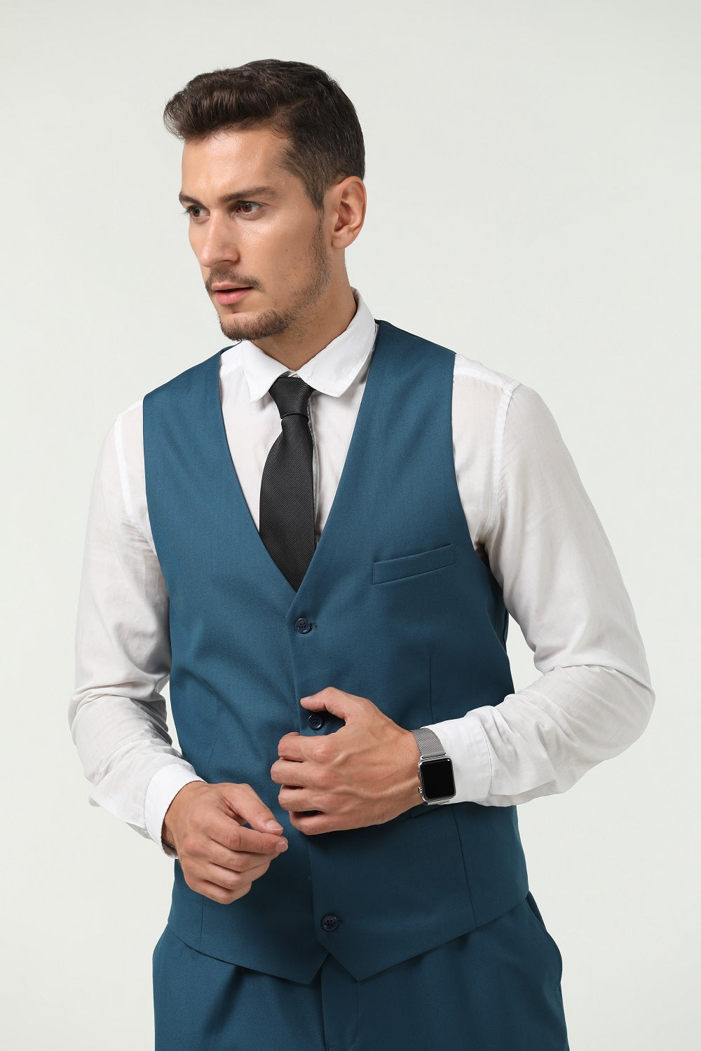 ly1406 Lake Blue Men's Suits 2 Pieces Vest+Pants Set V-Neck Slim Fit Casual Waistcoat Suit