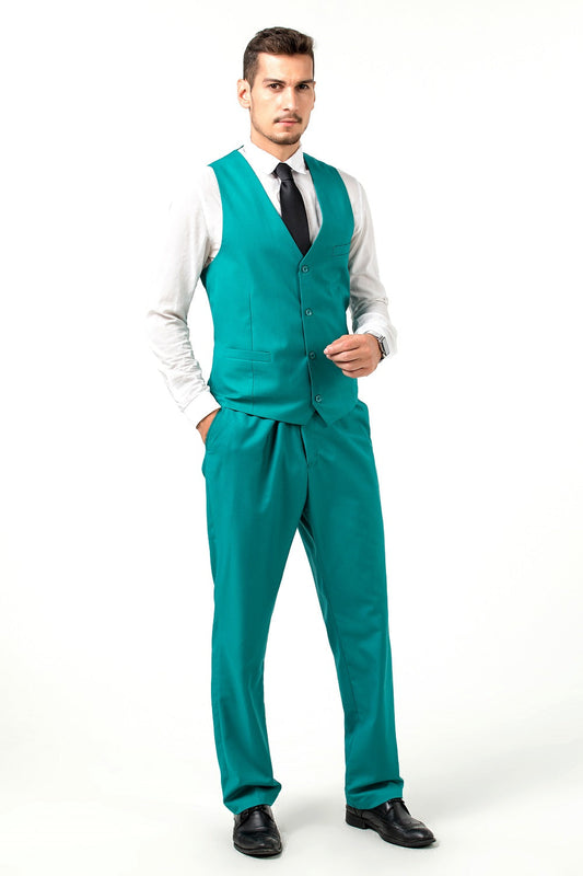 Green Men's Suits 2 Pieces Vest+Pants Set V-Neck Slim Fit Casual Waistcoat Suit