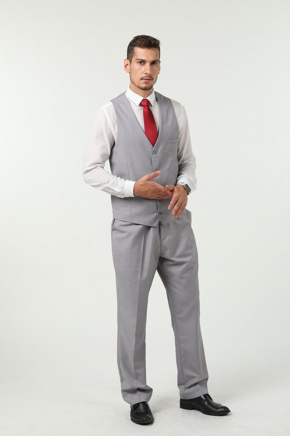 Grey Men's Suits 2 Pieces Vest+Pants Set V-Neck Slim Fit Casual Waistcoat Suit