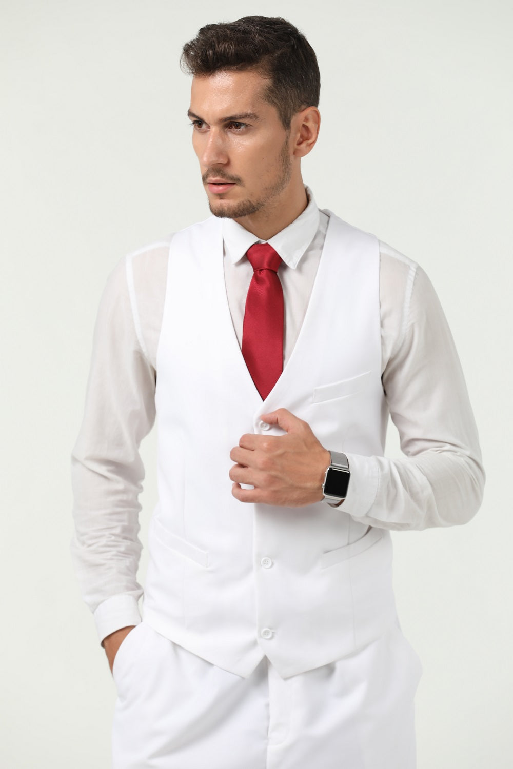 ly1663 White Men's Suits 2 Pieces Vest+Pants Set V-Neck Slim Fit Casual Waistcoat Suit