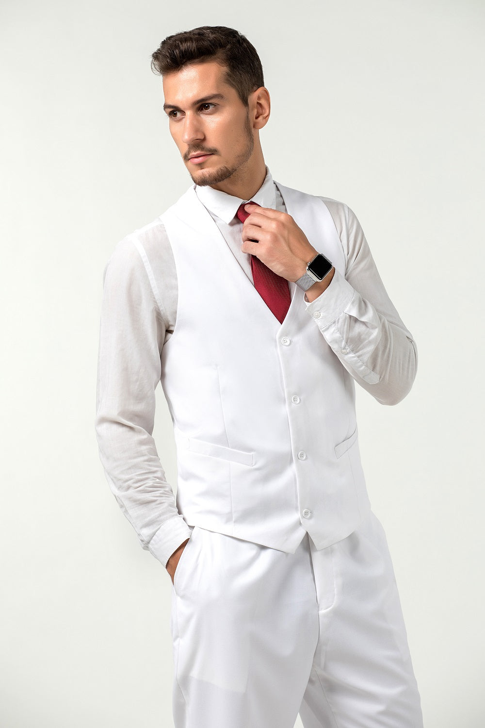 ly1663 White Men's Suits 2 Pieces Vest+Pants Set V-Neck Slim Fit Casual Waistcoat Suit