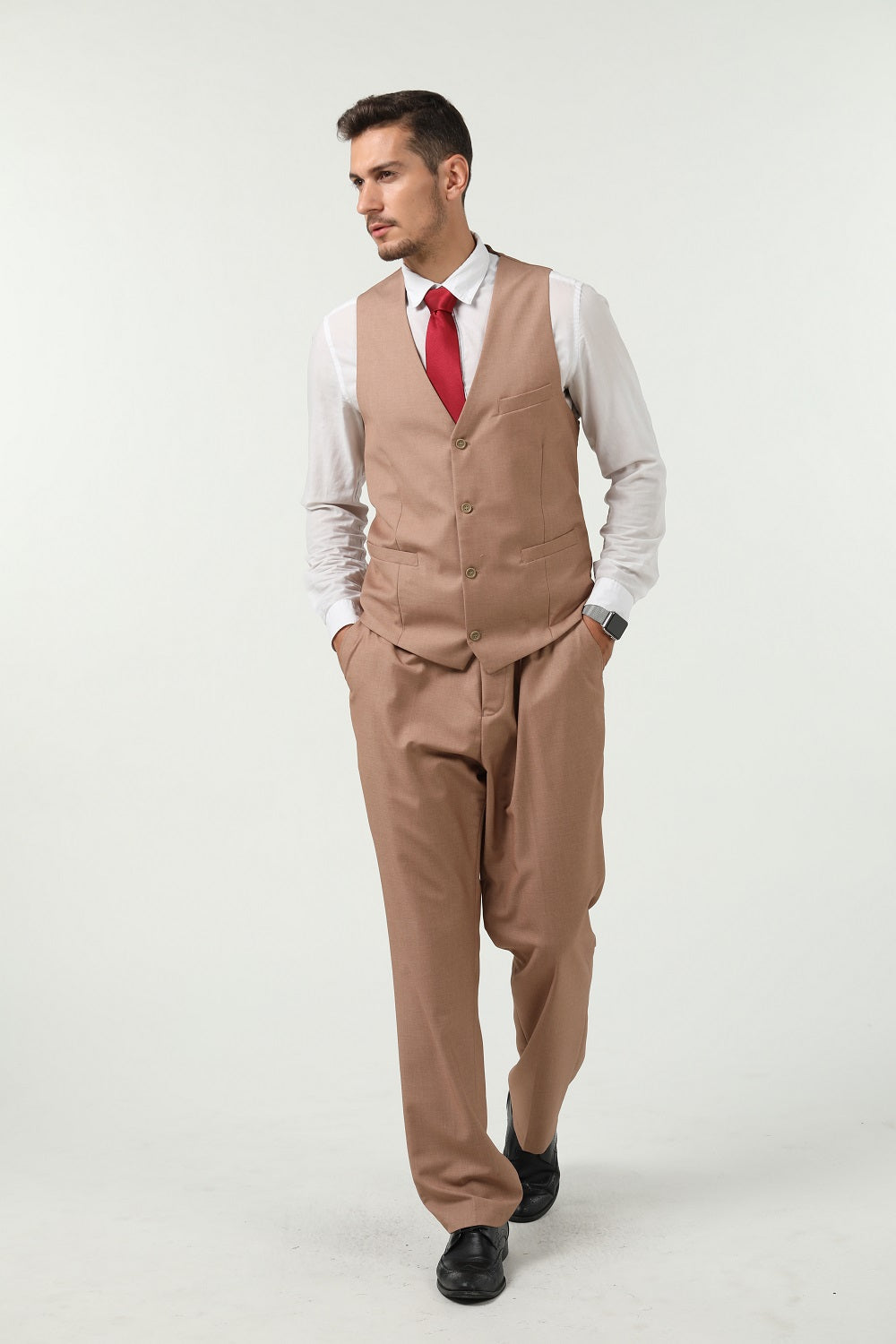 Khaki Men's Suits 2 Pieces Vest+Pants Set V-Neck Slim Fit Casual Waistcoat Suit