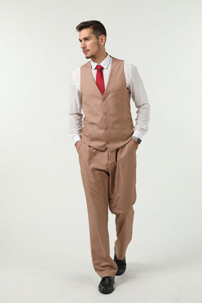 Khaki Men's Suits 2 Pieces Vest+Pants Set V-Neck Slim Fit Casual Waistcoat Suit