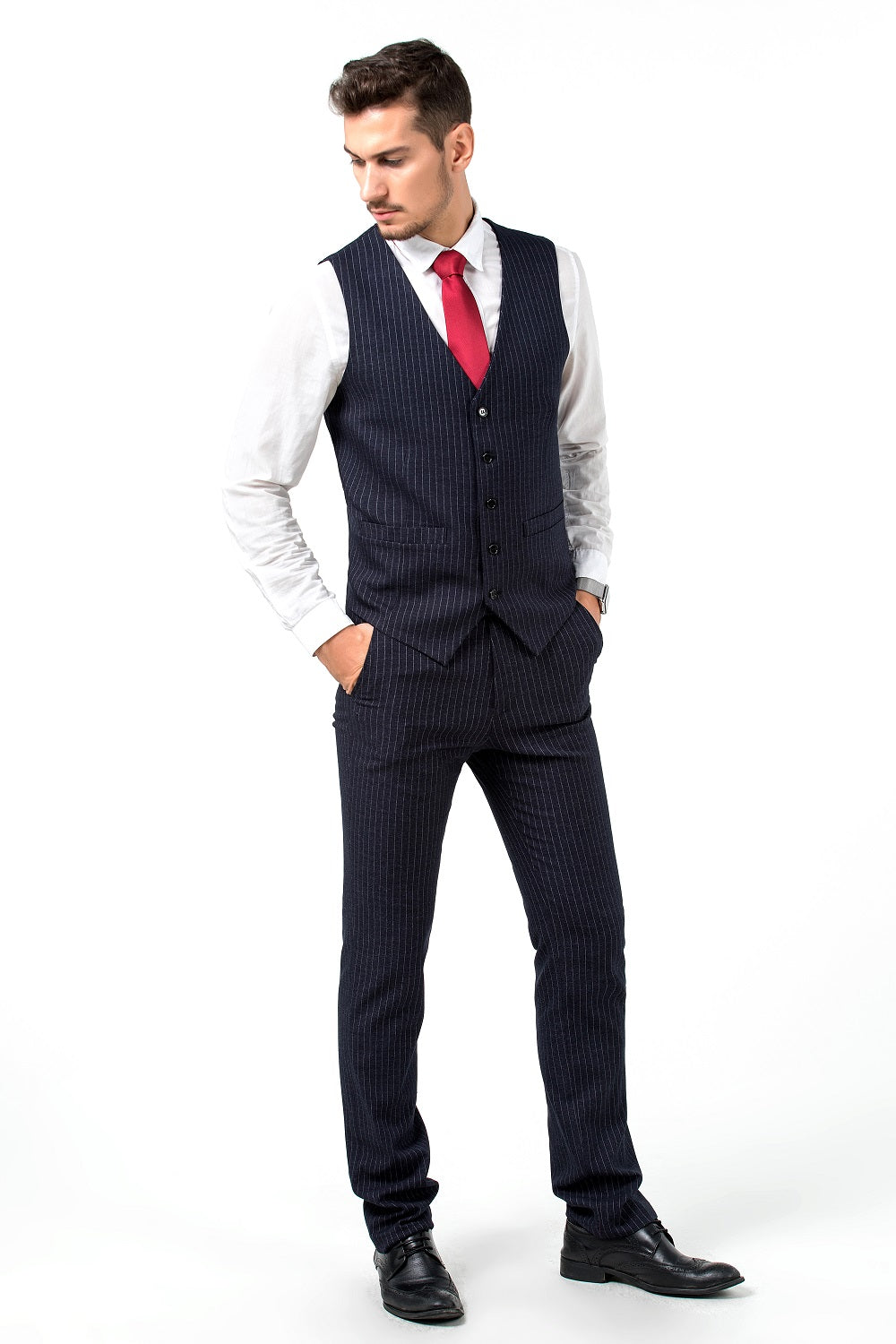 ly1523 Navy Stripe Men's 3 Piece Set Double Breasted Blazer Vest Pants for Party, Wedding and Business