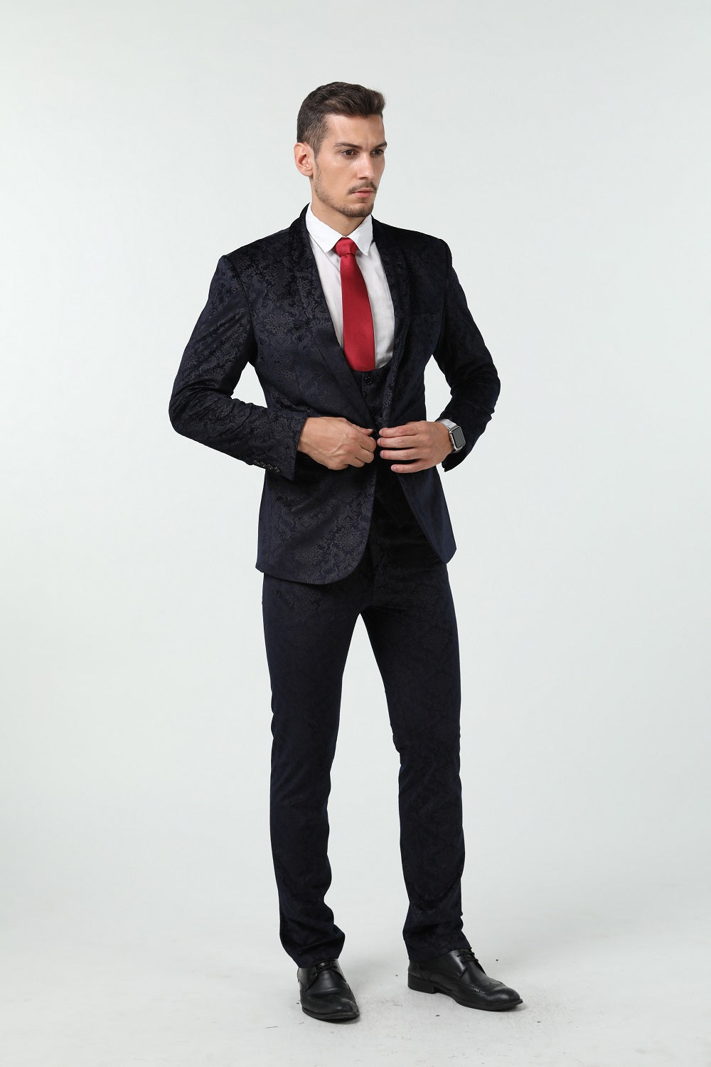 New Arrival Unique Party Banquet 3 Piece Navy Patterned Men Suits