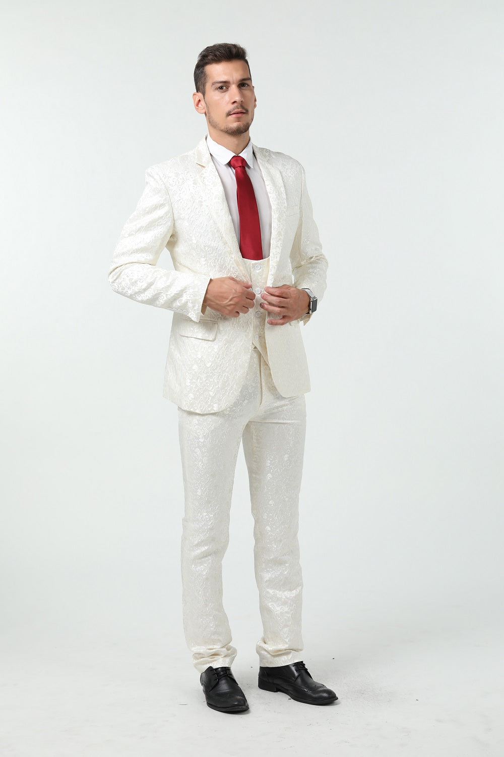 New Arrival Unique Party Banquet 3 Piece White Patterned Men Suits