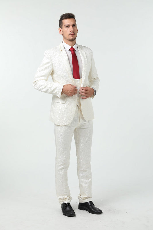 New Arrival Unique Party Banquet 3 Piece White Patterned Men Suits