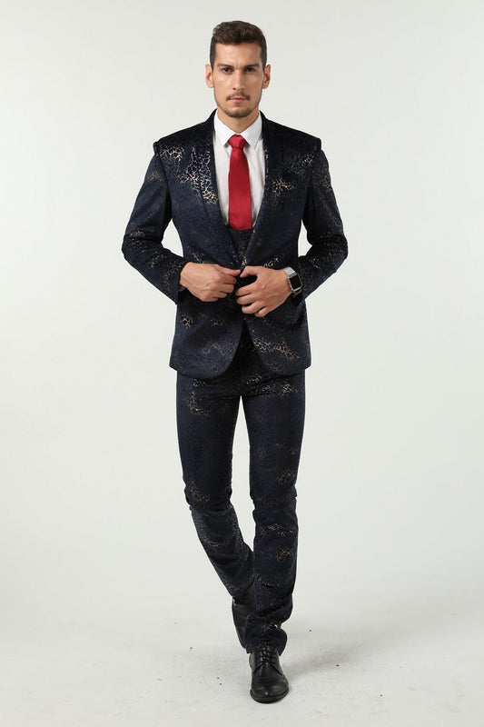 ly1513 New Arrival Navy Velvet Unique Golden Patterned Party Banquet 3 Piece Men Suits