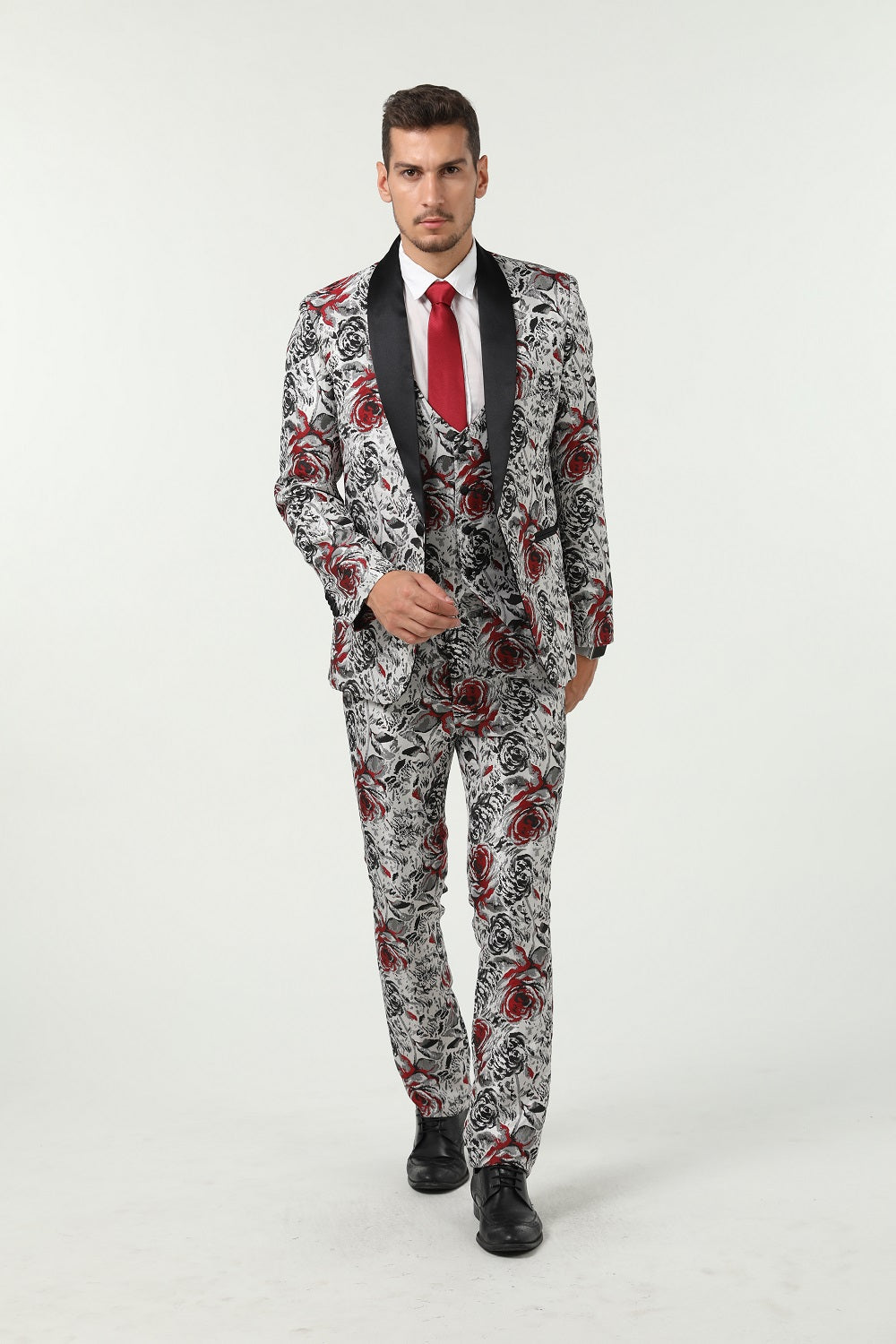 New Arrival White Unique Red Patterned Party Banquet 3 Piece Men Suits