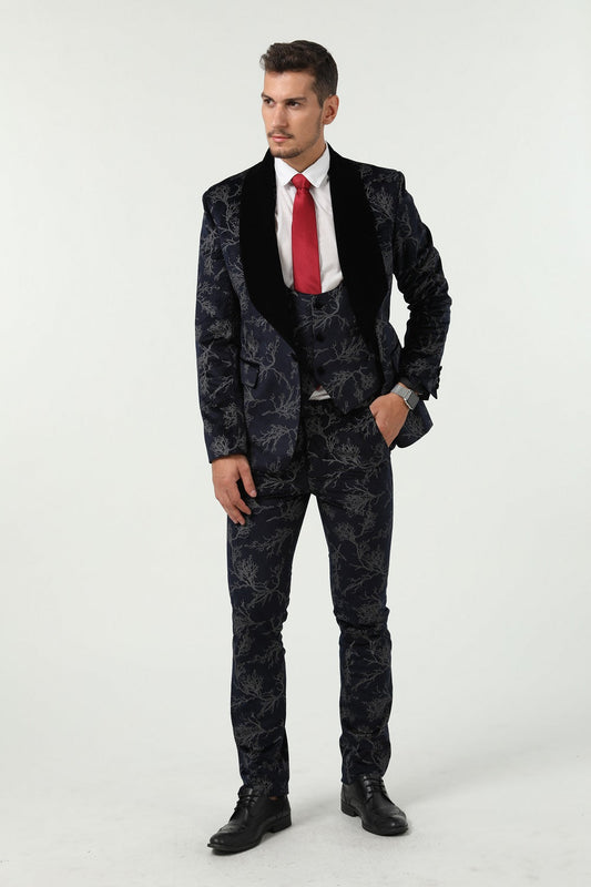 ly1514 New Arrival Navy Velvet Unique Patterned Party Banquet 3 Piece Men Suits