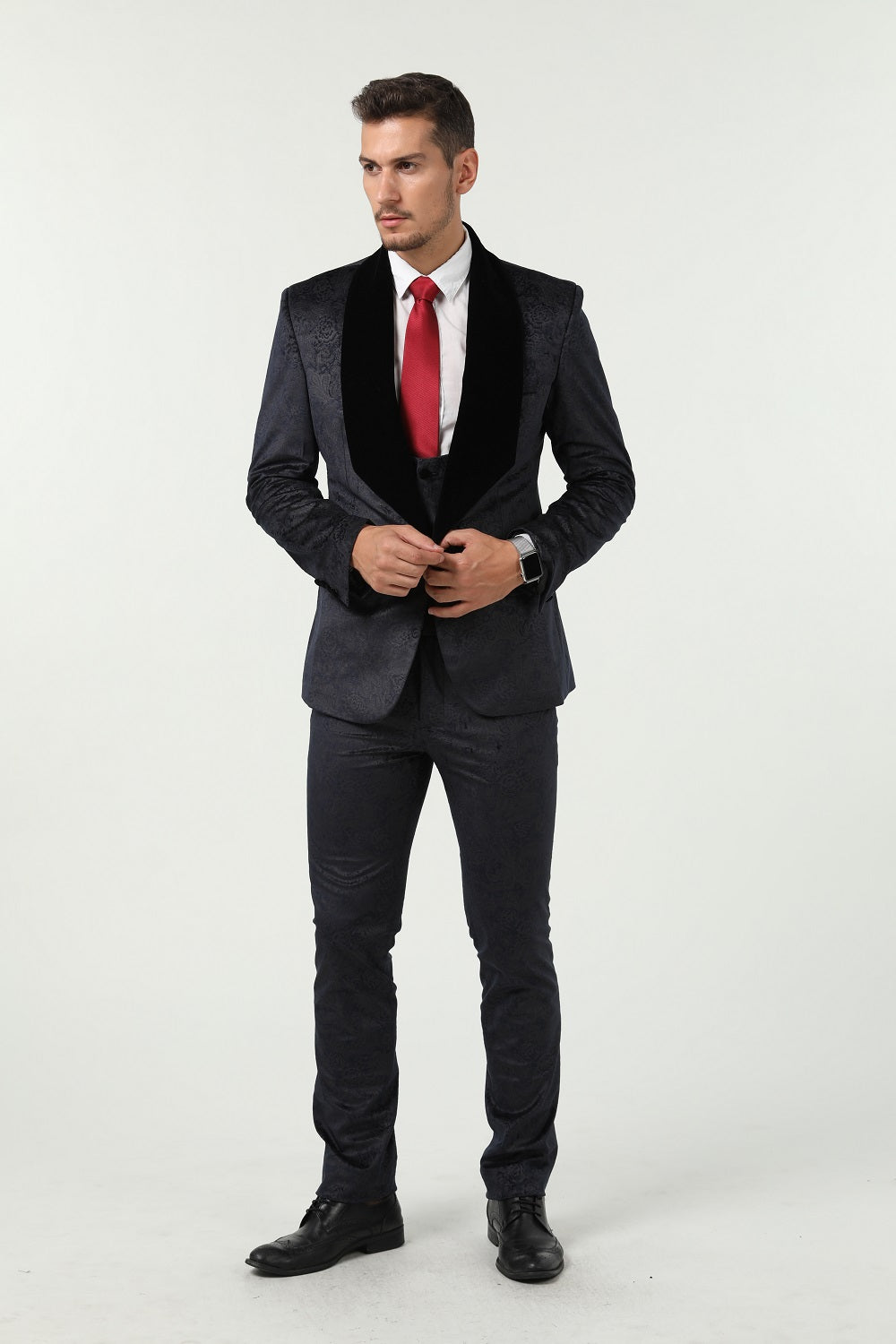 New Arrival Navy Velvet Unique Patterned Party Banquet 3 Piece Men Suits