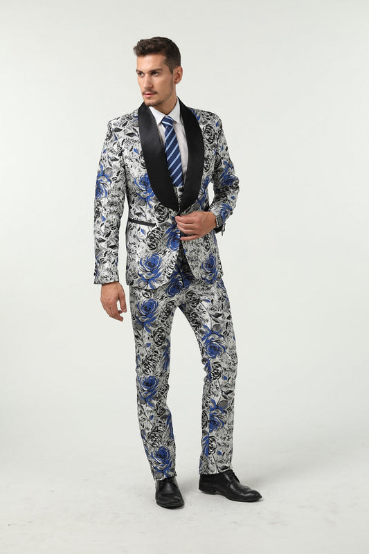 New Arrival White Unique Blue Patterned Party Banquet 3 Piece Men Suits