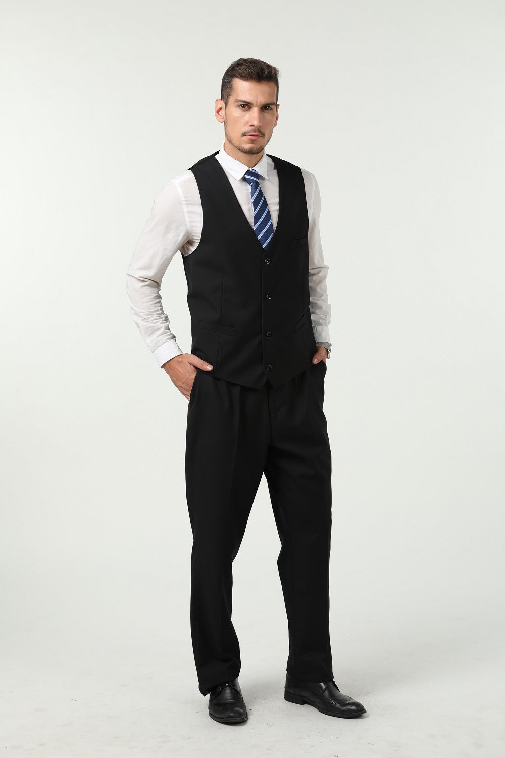 Black Men's Suits 2 Pieces Vest+Pants Set V-Neck Slim Fit Casual Waistcoat Suit