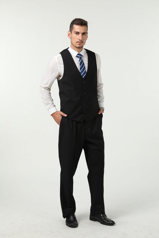 Black Men's Suits 2 Pieces Vest+Pants Set V-Neck Slim Fit Casual Waistcoat Suit