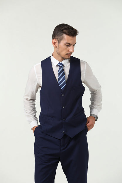 ly1666 Navy Men's Suits 2 Pieces Vest+Pants Set V-Neck Slim Fit Casual Waistcoat Suit