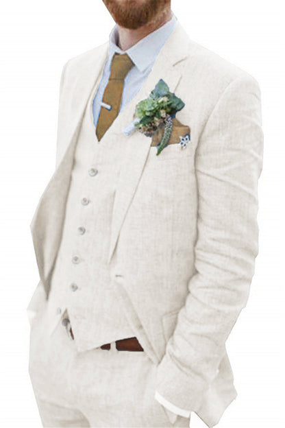 ly1182 Ivory White Retro Linen Beach Wedding Summer 3 Pieces Men Suits