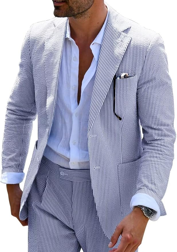 ly1169 Seersucker Striped Blazer Pants 2 Piece Men's Summer Suit