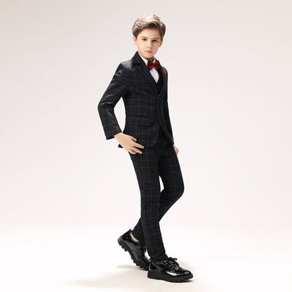 ly1274 Black Plaid Kids Formal 5 Piece Boys Suits