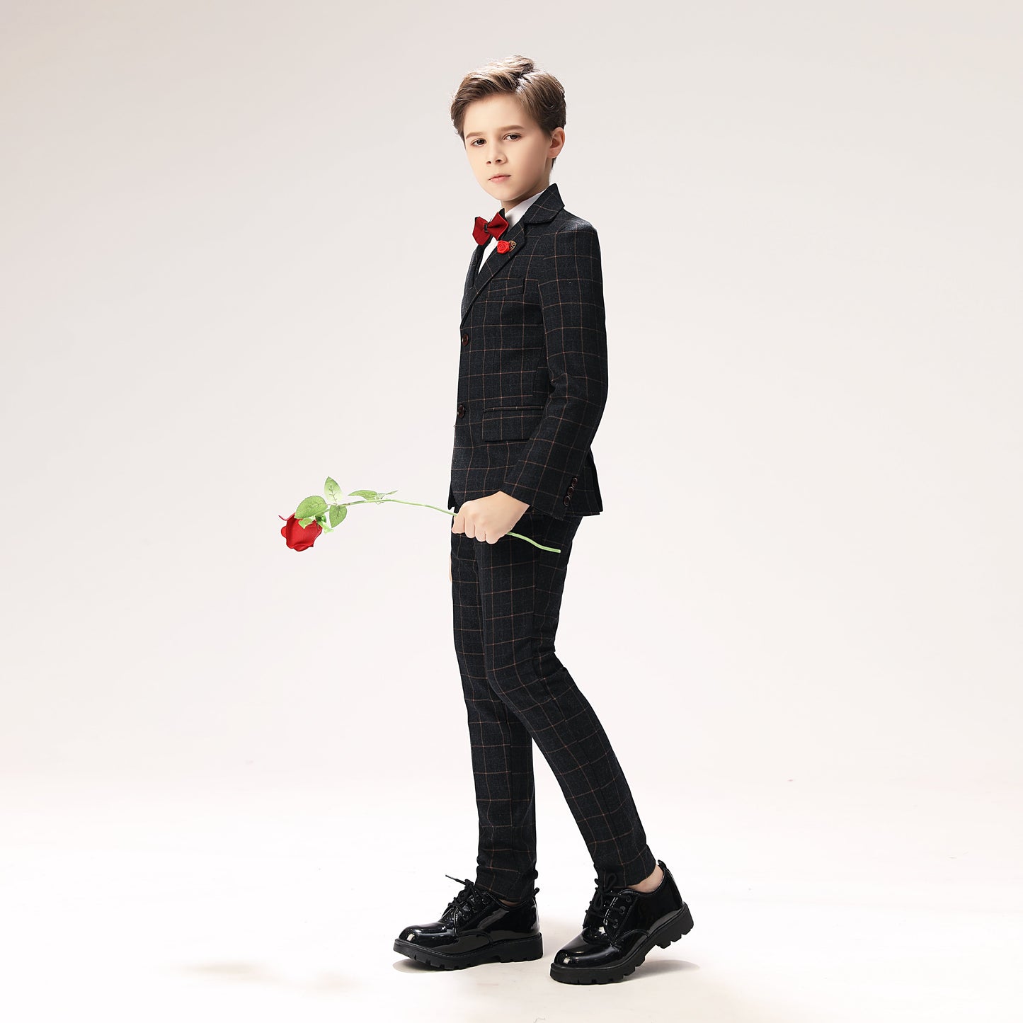 ly1274 Black Plaid Kids Formal 5 Piece Boys Suits