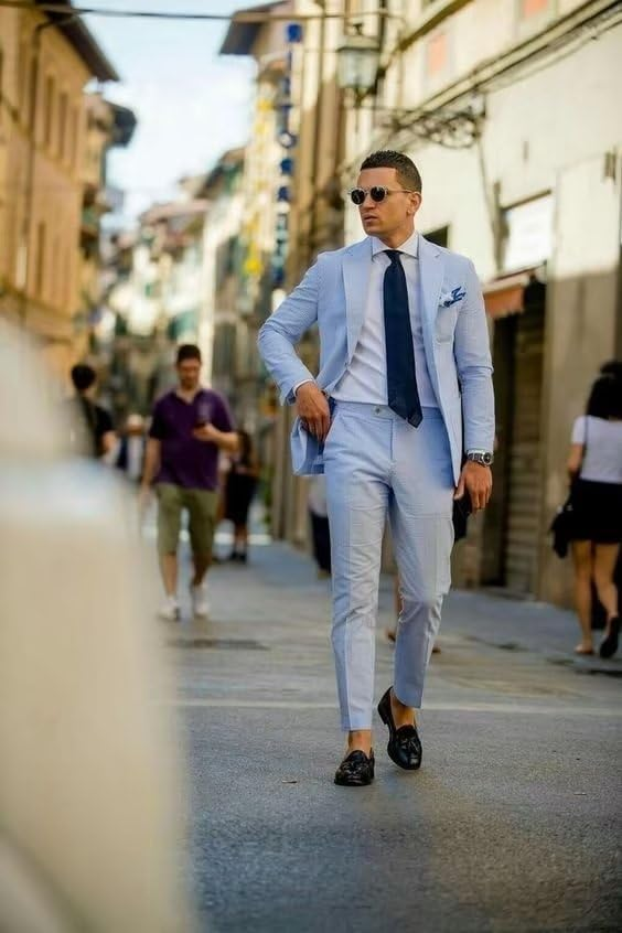 ly1169 Seersucker Striped Blazer Pants 2 Piece Men's Summer Suit