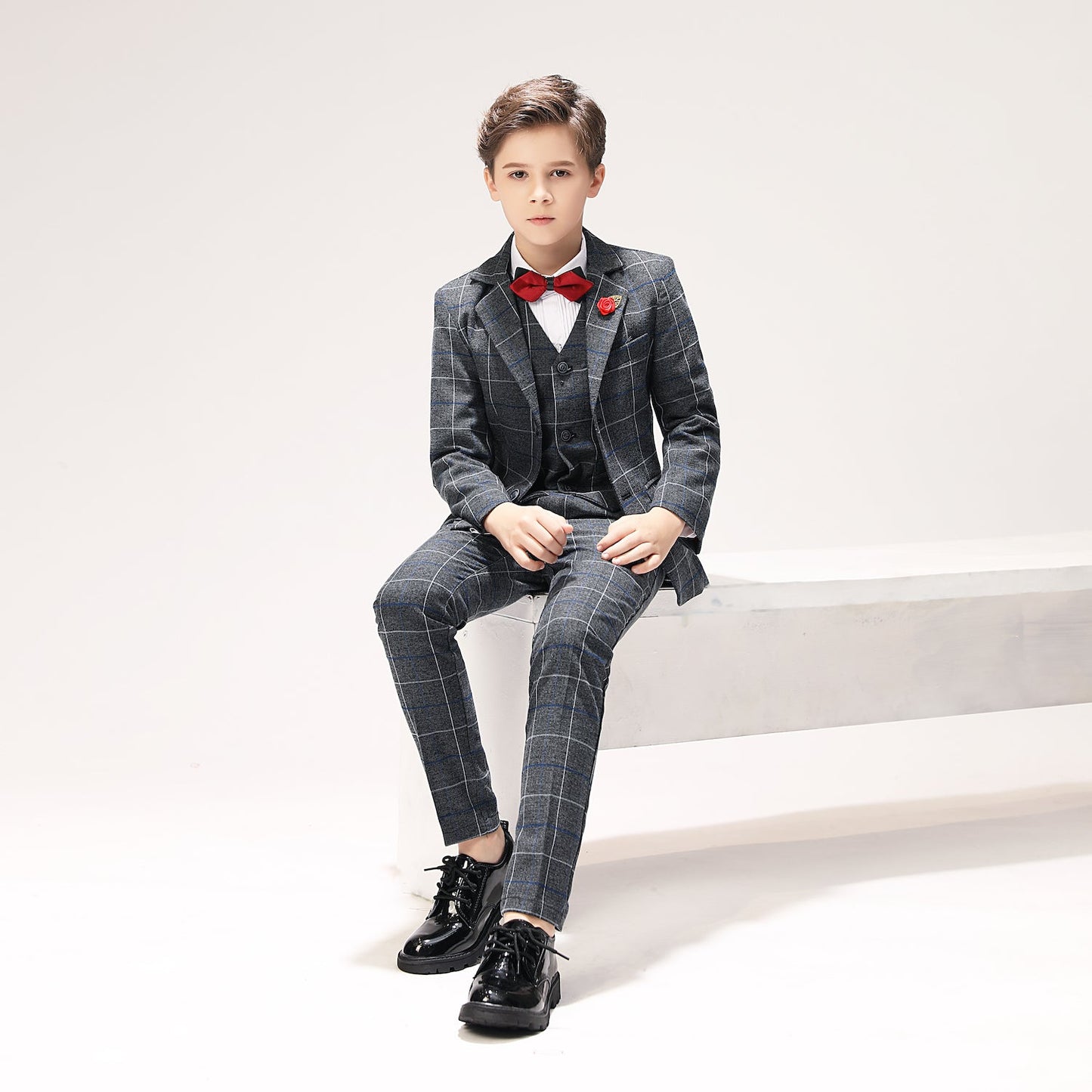 ly1262 Dark Grey Plaid Elegant 5 Piece Boys Suits