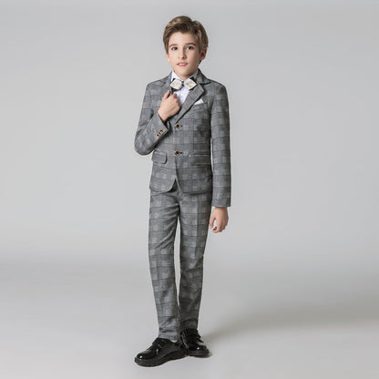 ly1601 Grey Plaid Elegant Formal 5 Piece Boys Suits