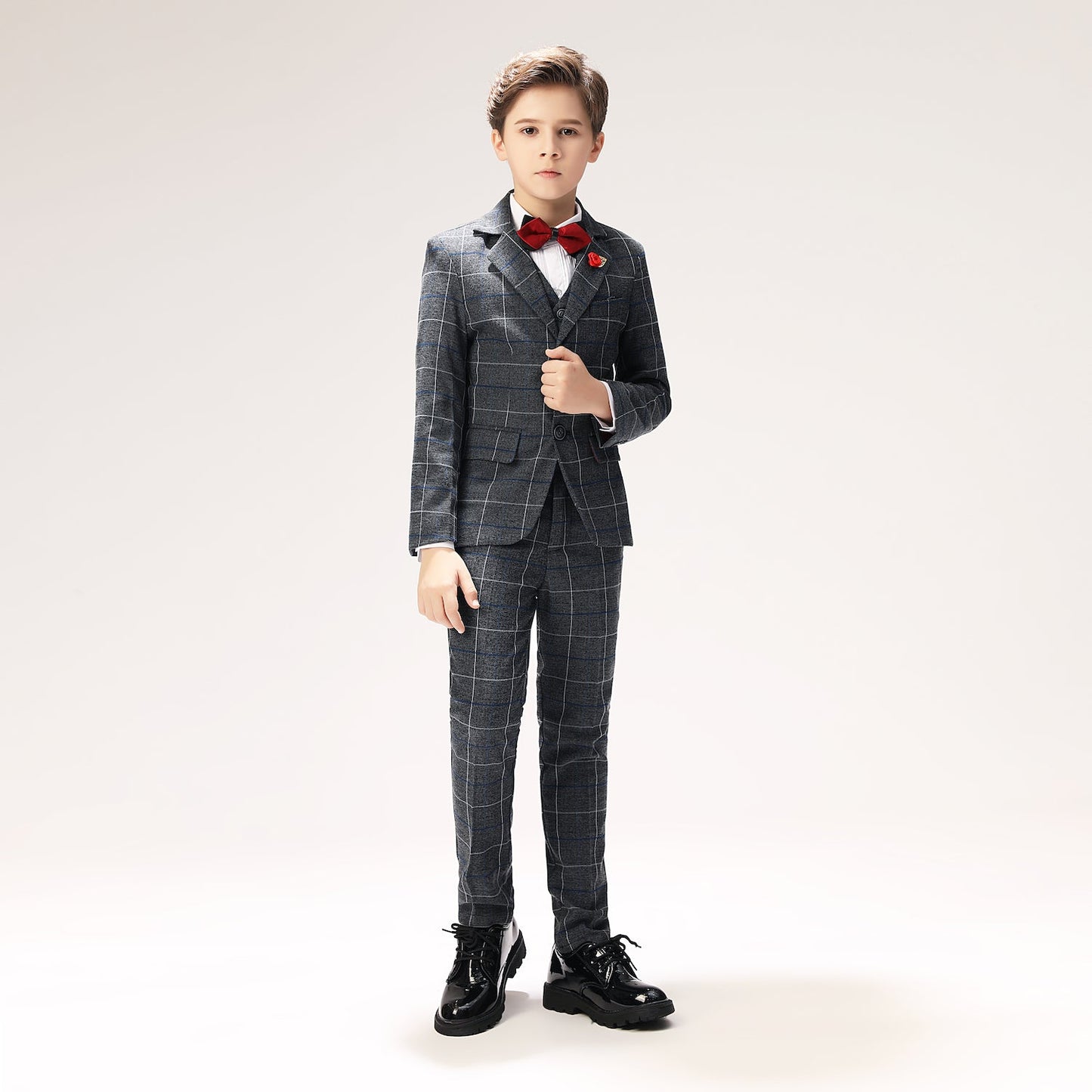 ly1262 Dark Grey Plaid Elegant 5 Piece Boys Suits