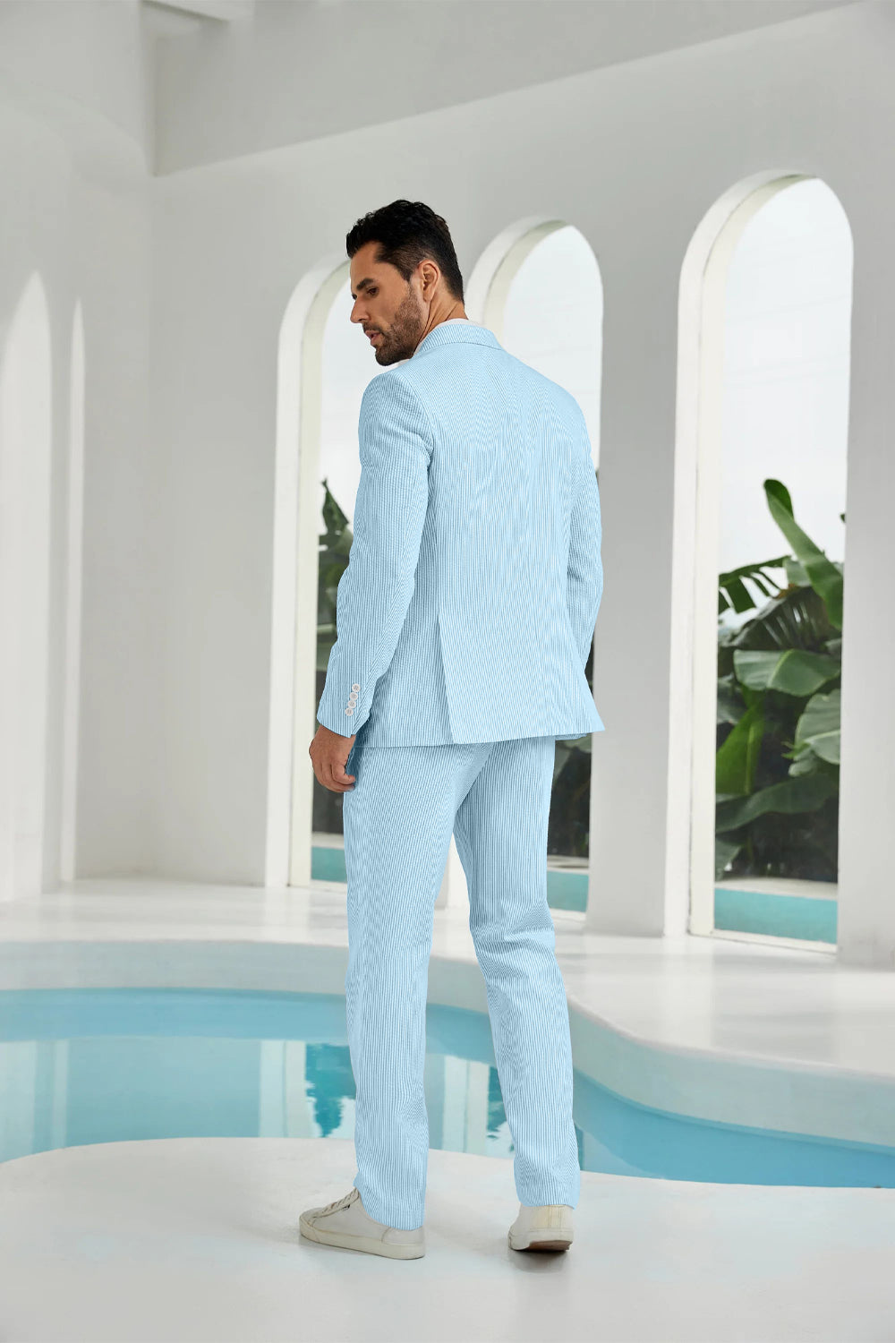 ly1113 Seersucker Double Breasted Blazer Pants 2 Piece Men's Summer Suit