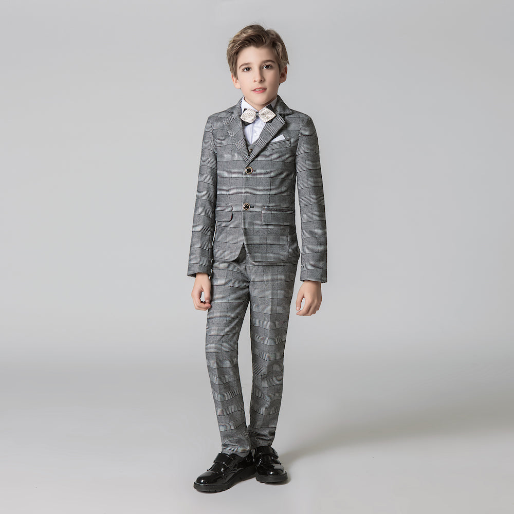 ly1601 Grey Plaid Elegant Formal 5 Piece Boys Suits