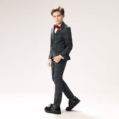 ly1262 Dark Grey Plaid Elegant 5 Piece Boys Suits