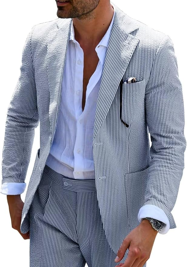 ly1169 Seersucker Striped Blazer Pants 2 Piece Men's Summer Suit