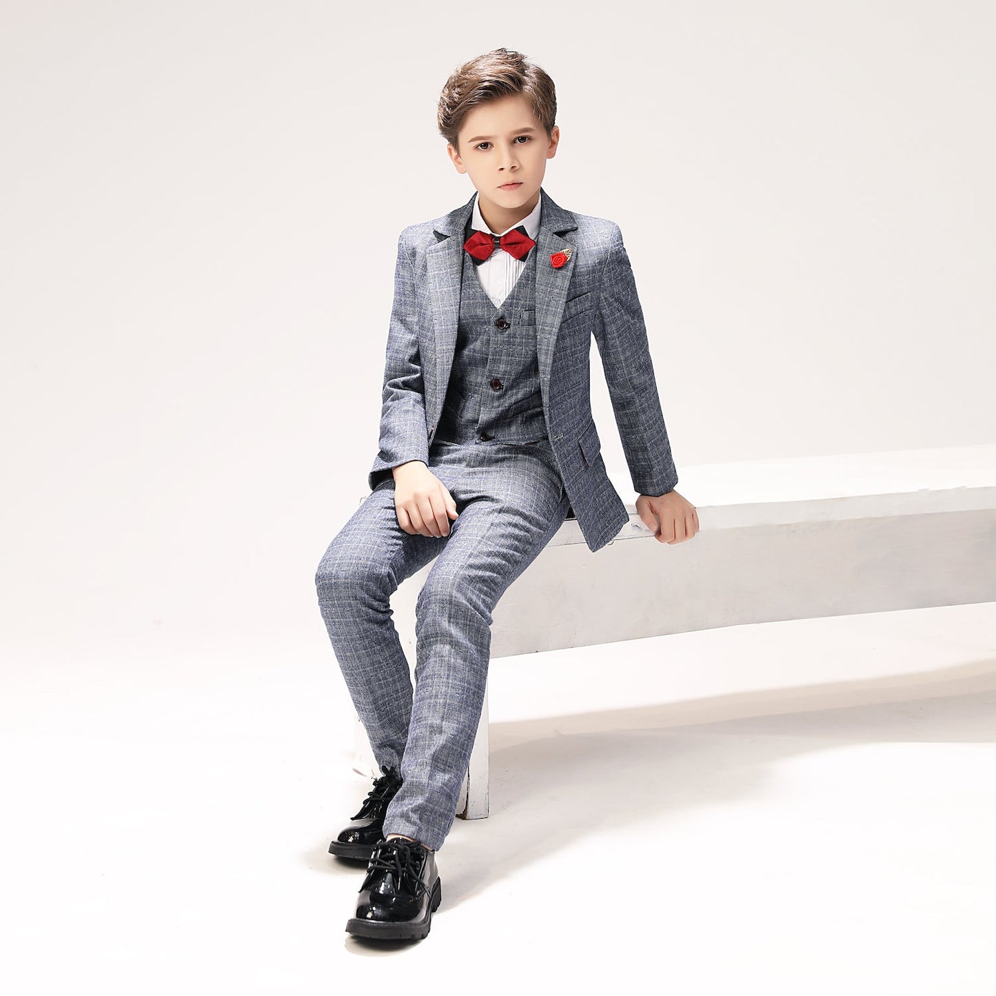 ly1261 Grey Plaid Formal Wedding 5 Piece Boys Suits