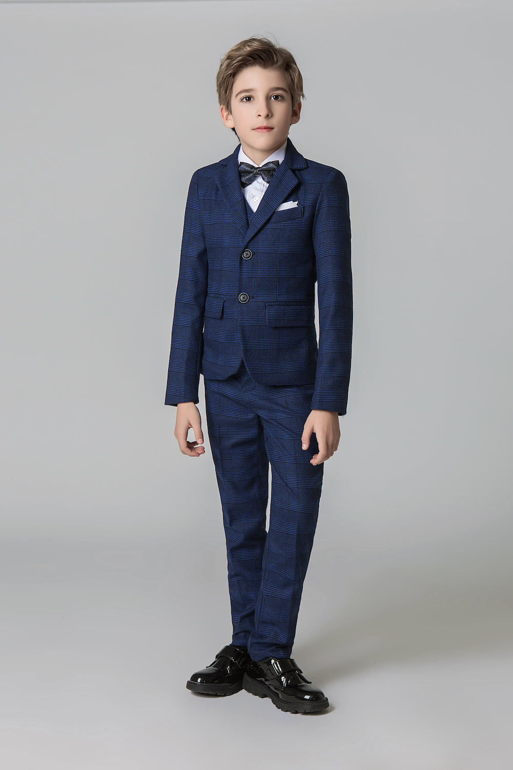 ly1218 Navy Plaid Wedding Formal 5 Piece Boys Suits