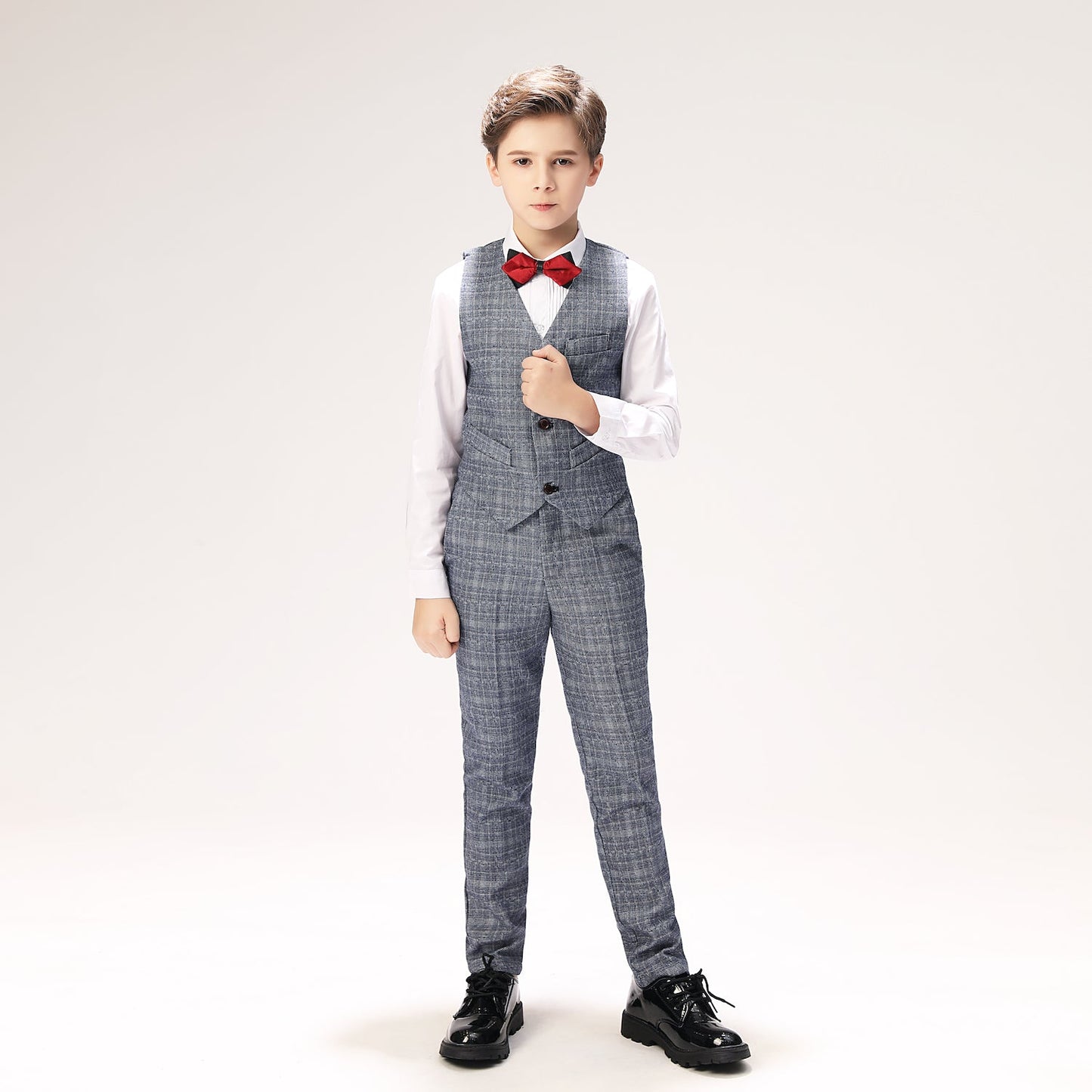 ly1261 Grey Plaid Formal Wedding 5 Piece Boys Suits