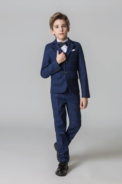 Navy Plaid Elegant Formal 5 Piece Boys Suits