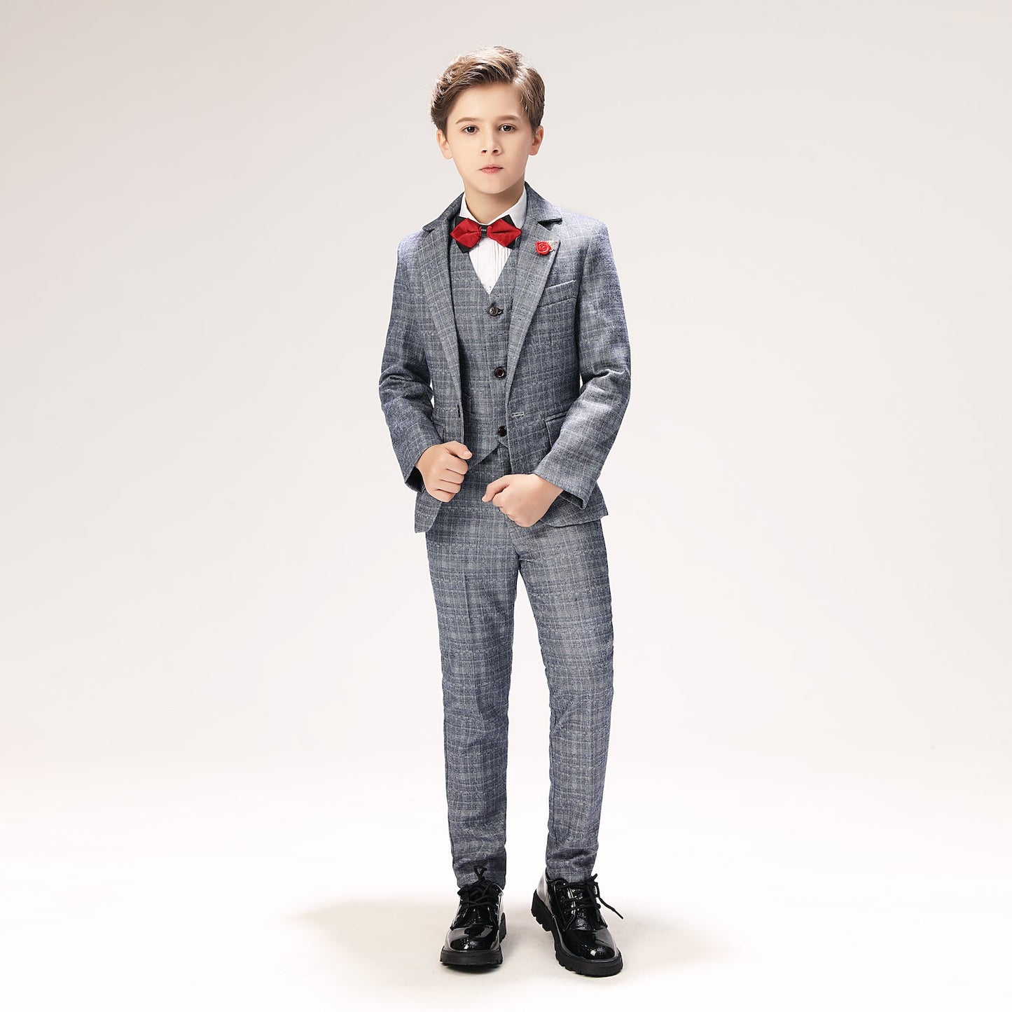 ly1261 Grey Plaid Formal Wedding 5 Piece Boys Suits