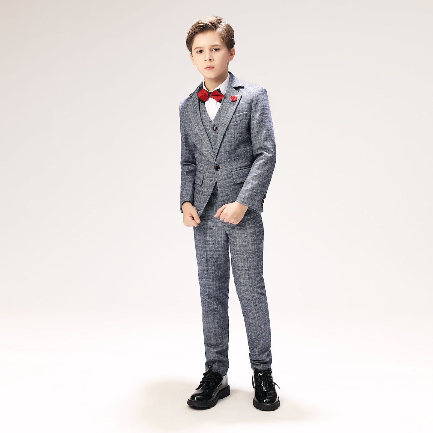 ly1261 Grey Plaid Formal Wedding 5 Piece Boys Suits